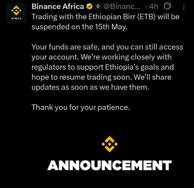 ባይናንስ በኢትዮጵያ ብር የሚደረጉ የክሪፕቶ ምንዛሬ ግብይቶችን ሊያቆም ነው።የክሪፕቶ ምንዛሬ ግብይት መድረክ የሆነው ባይናንስ …