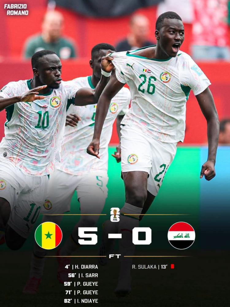 ሴኔጋል ኢራቅን 5-0 በማሸነፍ ወደ ቀጣዩ ዙር የማለፍ ተስፋውን አጠናከረ!
